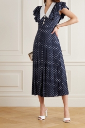 Alessandra Rich - Button-embellished Ruffled Polka-dot Silk Midi Dress - Navy